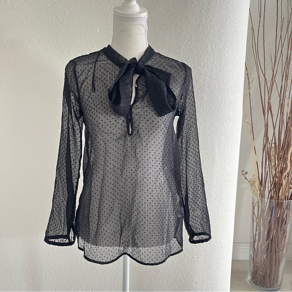 Zara Trafaluc Black Sheer Polkadot Long Sleeve Blouse Size XS